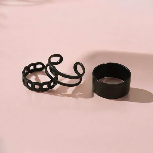Black Silver Plated Contemporary Stackable Rings Set of 3 🖤
